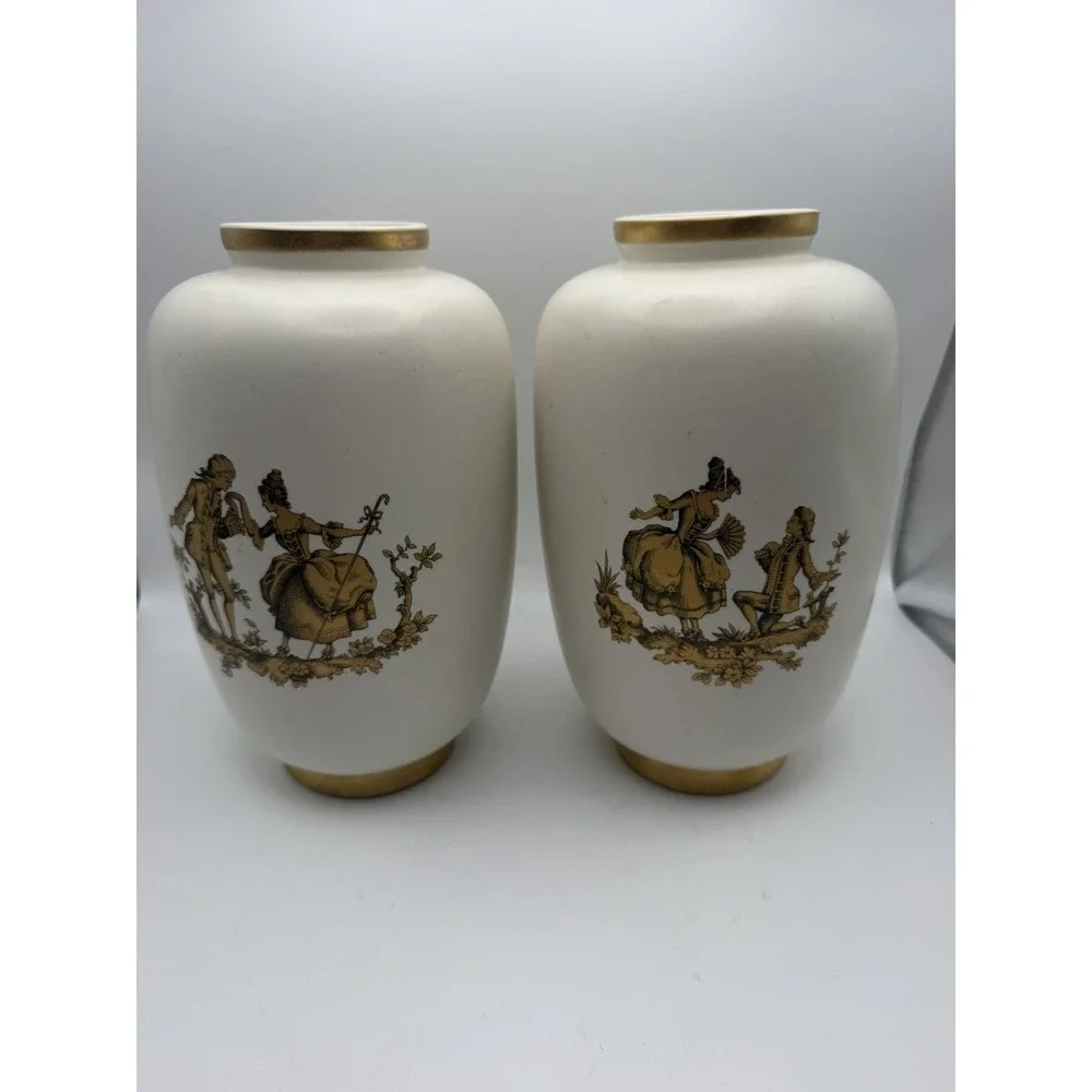Pair Hyalyn Porcelain Pottery Vases Model 256 Courting Couples Gold 9.5